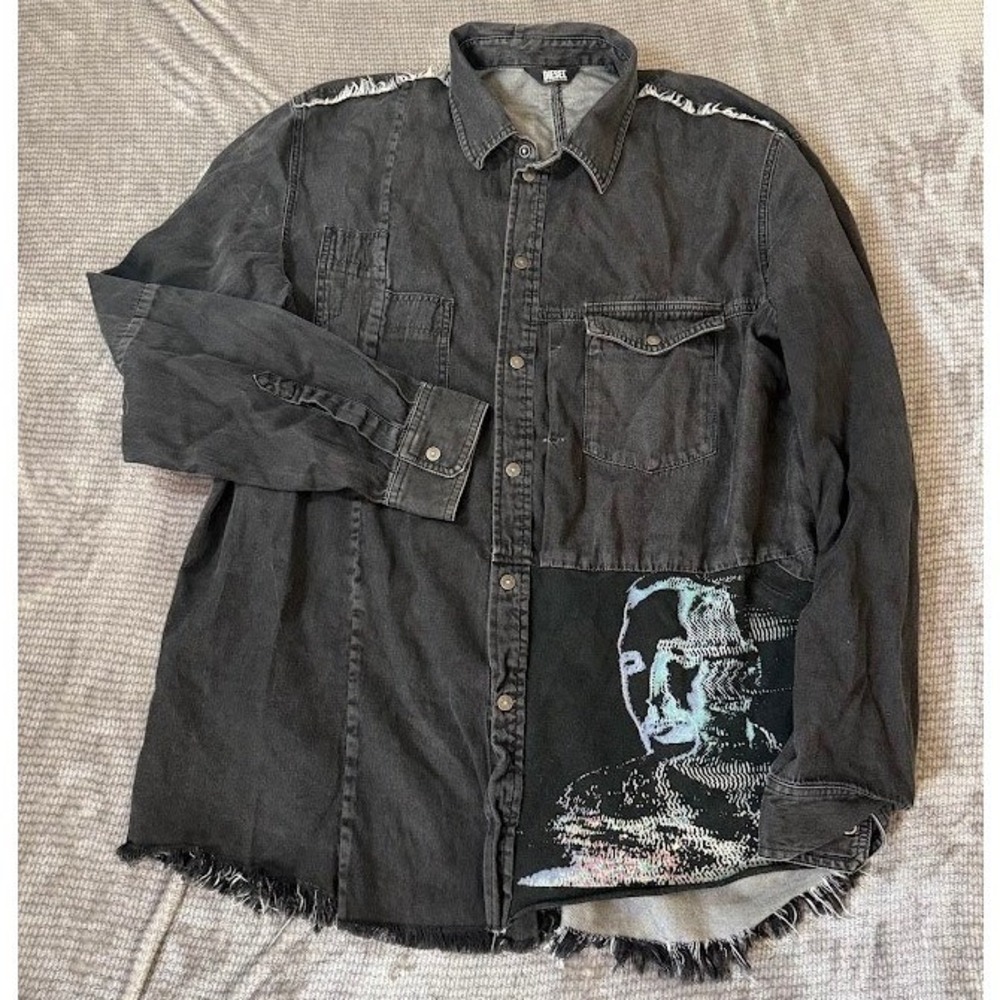 Diesel D-ROOKE-PATCH Black Denim Shirt Graphic Noize Patch Distressed XL